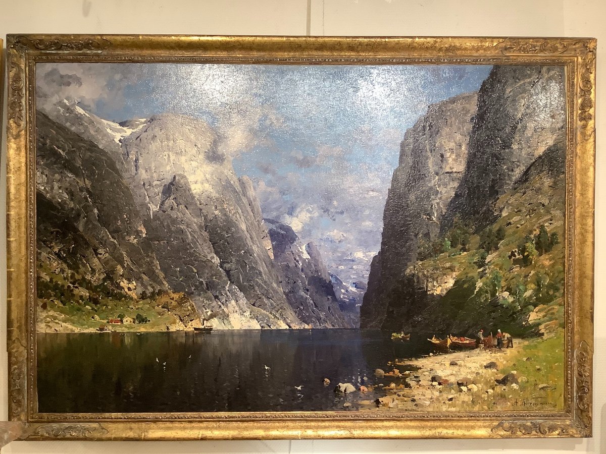 Tableau Paysage De Fjord norvégien  Par Adelsteen NORMANN (1848-1910)