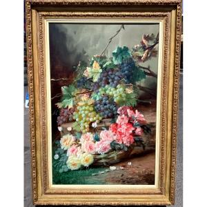 Tableau Par Max CARLIER (1872-1938) Nature Morte Aux Fleurs Et Raisins