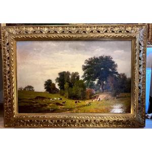 Tableau « paysage Animé De Personnage Et Animaux «  Signé Par Fritz Daegling (1844-1913)