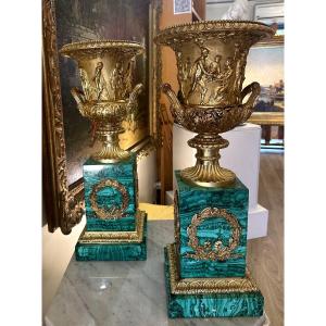 Pair Of Medici Vases In Gilt Bronze And Malachite 