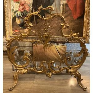 Grand pare feu écran de cheminée 19 eme siècle style Louis XV bronze doré 