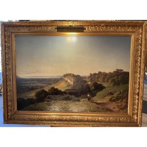 Tableau par Frédérich ZIMMERMANN(1823-1884):vue du lac Leman et Genève 