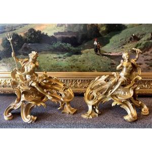 Paire de chenets à Neptune  bronze doré  signé G.VIARDOT style Louis XV époque Napoléon III 