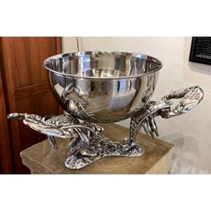 Large Art Deco Silver-plated Metal Champagne Vase With Lobsters 