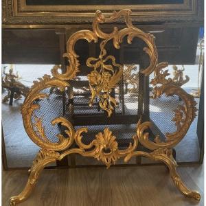 Écran pare feu de cheminée époque 19 eme siècle style Louis XV bronze doré 