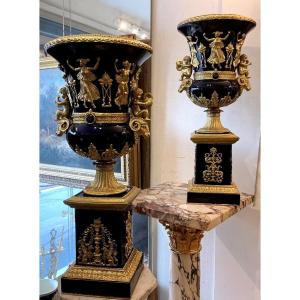 Grande paire de vases Médicis porcelaine de Sèvres et bronze doré début XX eme siècle