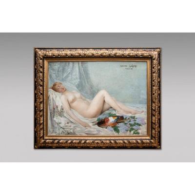 Adolf La Lyre  - "modèle Nu à La Palette" Huile Sur Toile 19e Siècle 