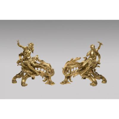 Pair Of Chenet Gilt Bronze - Louis XV Style 19th Century