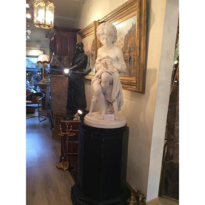 White Marble Sculpture "the Young Brodeuse" Signed On The Terrace Ugo Zannoni (1836-1898)