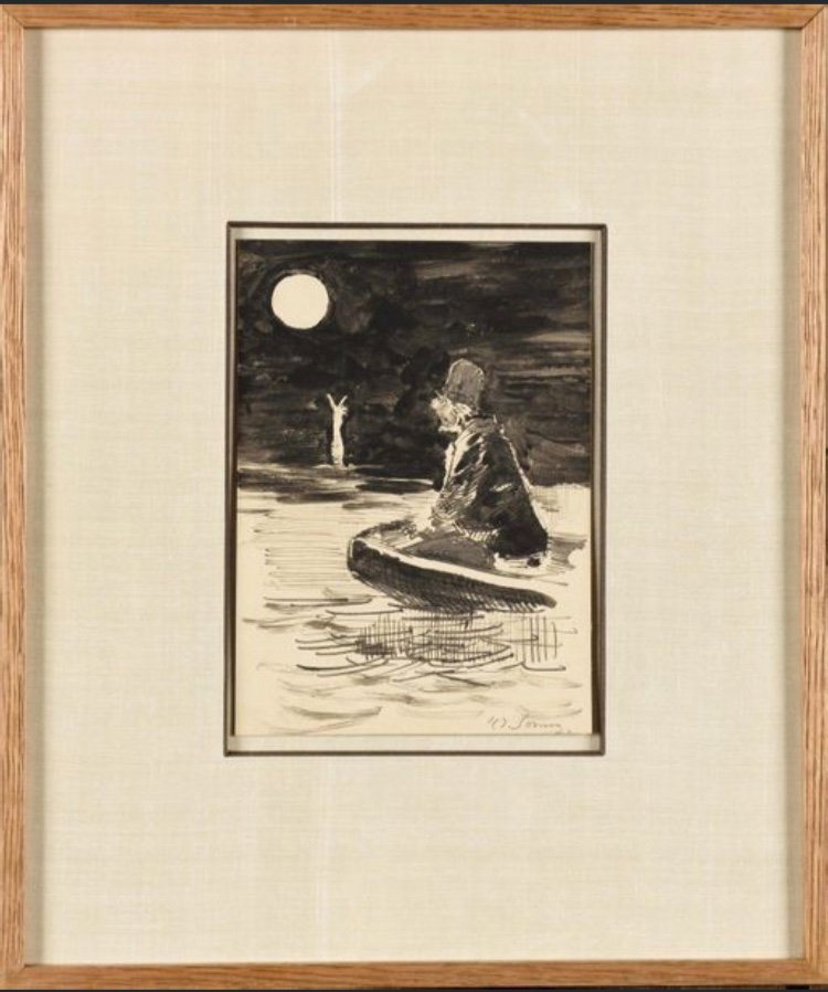 Henry Somm (1844-1907) - Pêcheur Au Clair De Lune