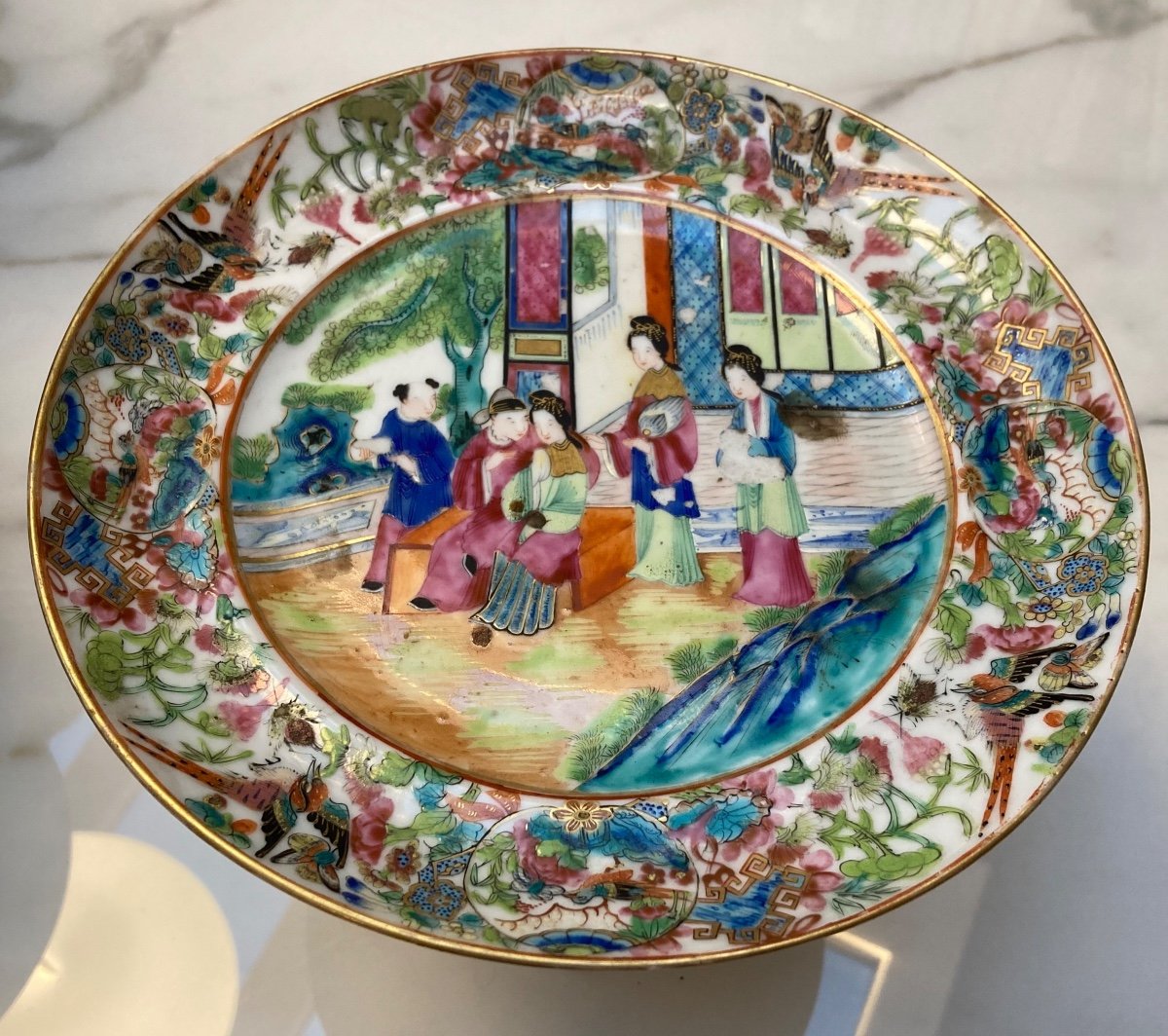 Paire D’assiettes En Porcelaine De Canton, Monture Bronze Doré, 19eme Siècle -photo-2