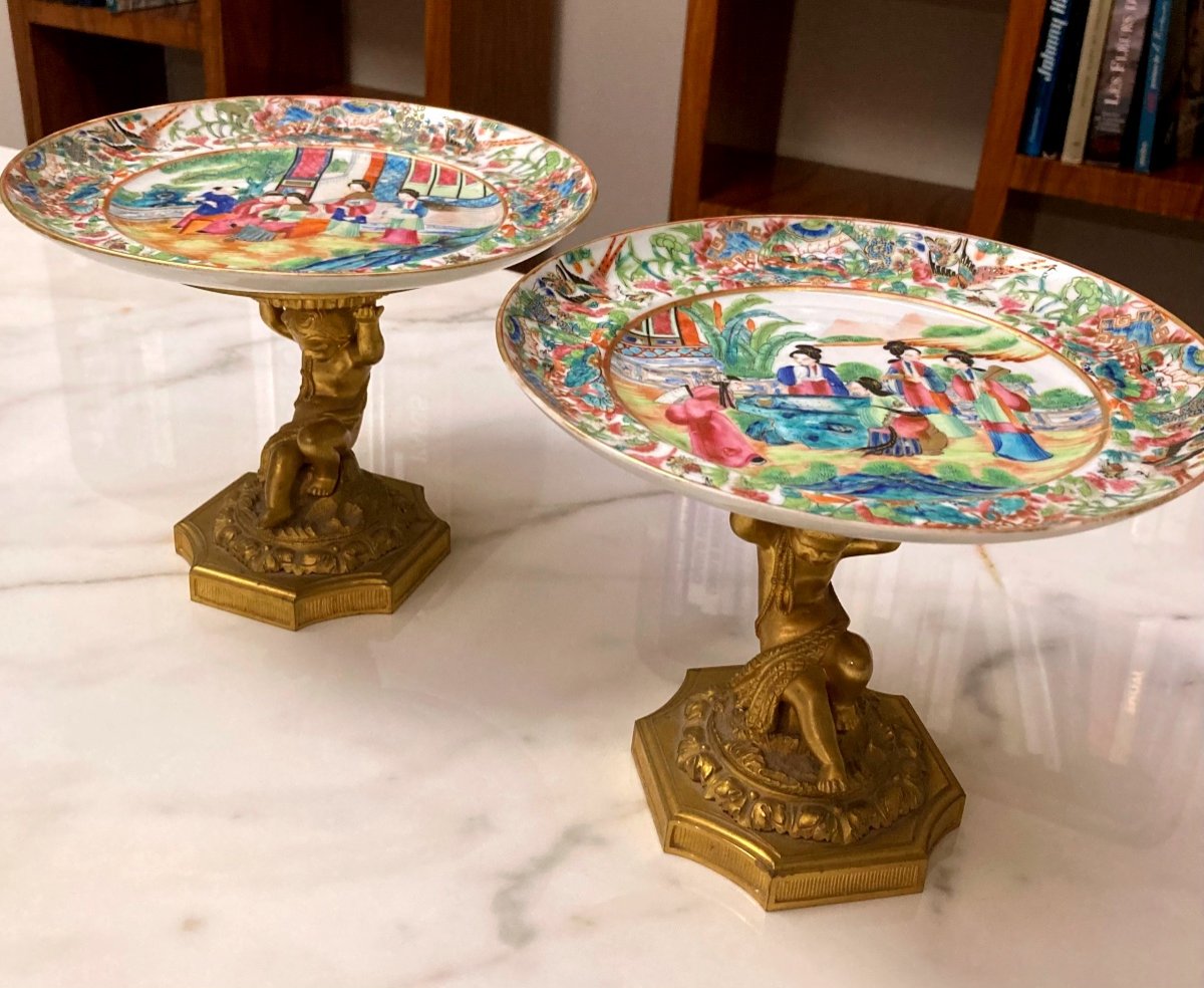 Paire D’assiettes En Porcelaine De Canton, Monture Bronze Doré, 19eme Siècle -photo-4