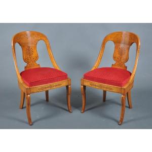 Pair Of Charles X Period Gondola Chairs In Speckled Maple By Jeanselme