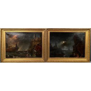 Paire de marines, huiles sur toile, par François Valentin GAZARD (1747-1817), signée et datée