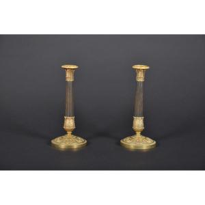 Pair Of Candlesticks From The Restoration Period - Charles X In Gilded And Patinated Bronze