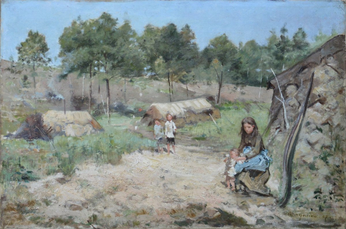 Paul-leon Gagneau 1848-1910. "charbonnière And Her Children In The Forest."