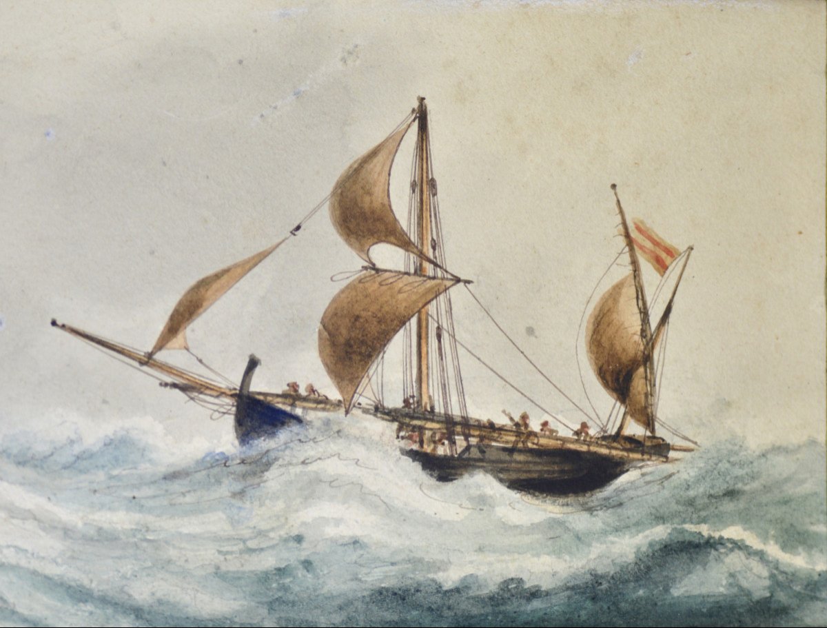 Frederic Roux 1805-1870. "two Boats In Rough Seas."-photo-3
