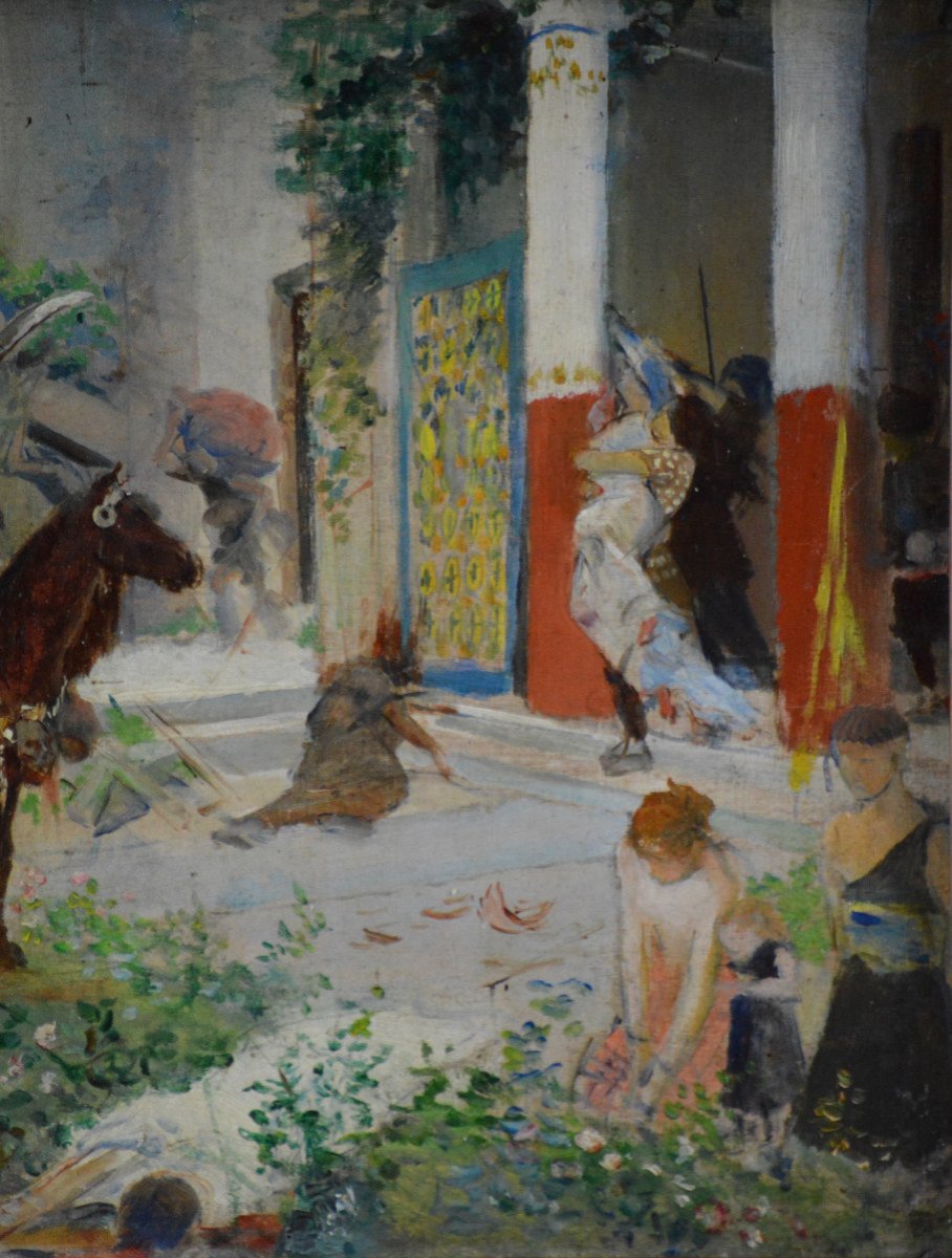 Georges Rochegrosse 1859-1938.  "Pillage d'une Villa Gallo-Romaine par les Huns."-photo-1