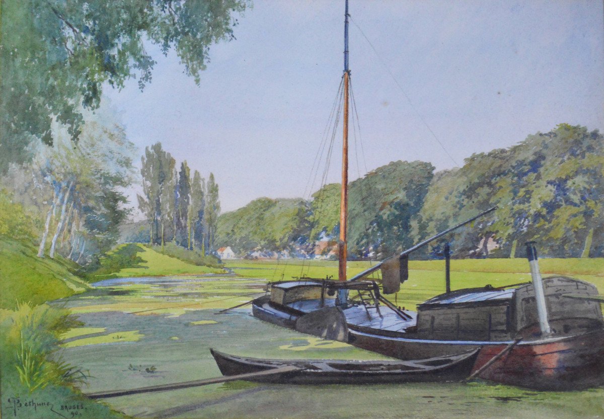 Gaston Béthune 1857-1897. "Bord de la Reie à̀ Bruges."-photo-2