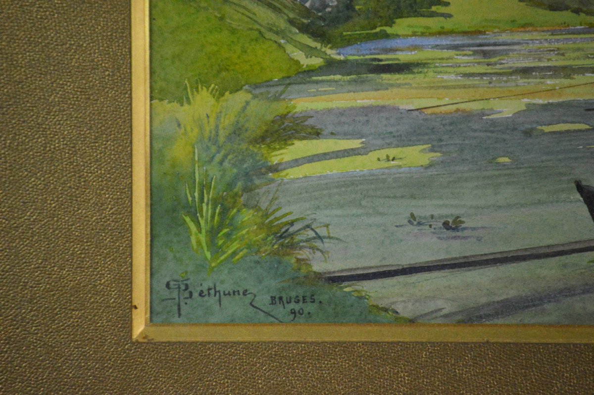 Gaston Béthune 1857-1897. "Bord de la Reie à̀ Bruges."-photo-3