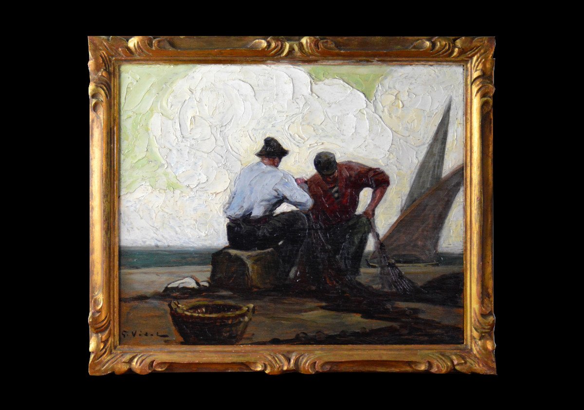 Gustave Vidal 1895-1966.  "Pêcheur au filet à ST Tropez."-photo-2