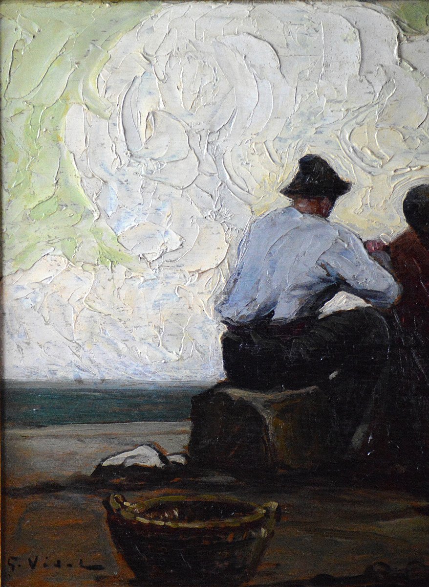 Gustave Vidal 1895-1966.  "Pêcheur au filet à ST Tropez."-photo-1