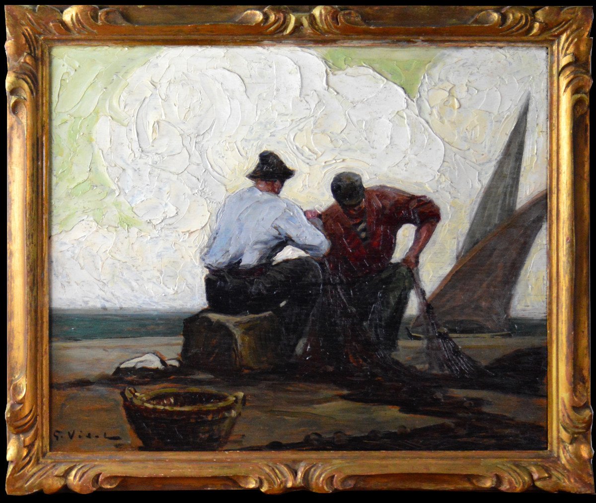 Gustave Vidal 1895-1966.  "Pêcheur au filet à ST Tropez."