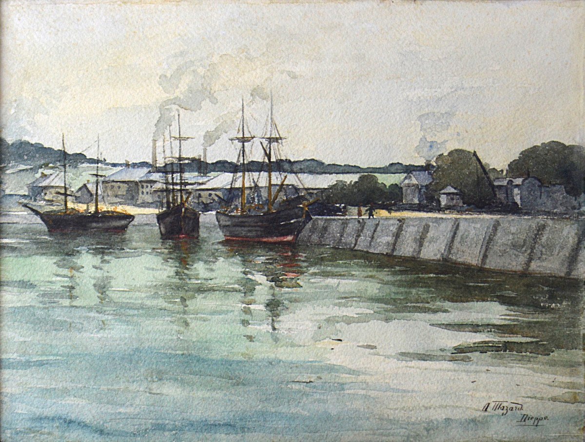 Alphonse Henri Mazard 1865-1939. “a Basin In The Port Of Dieppe Around 1900.”-photo-3