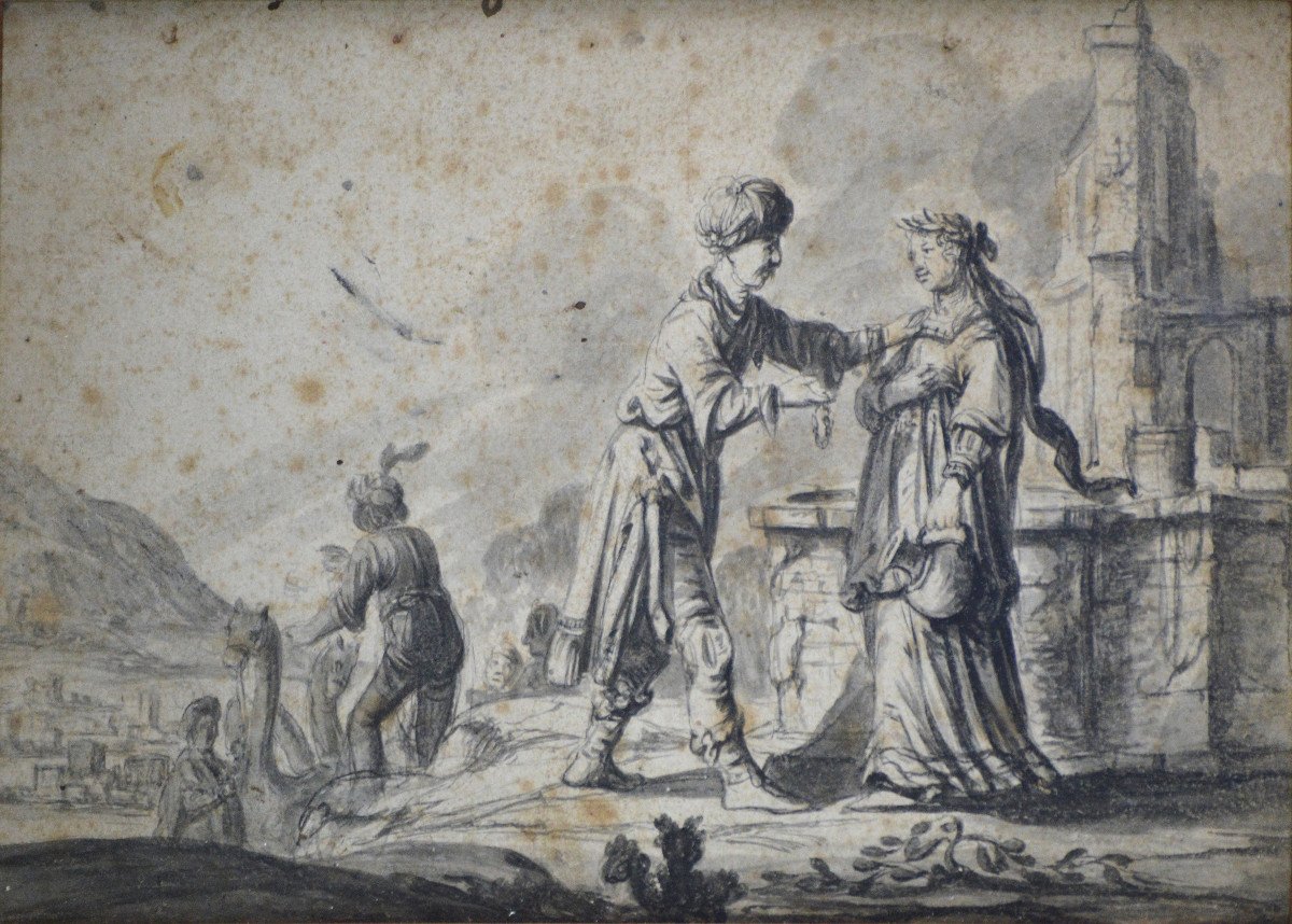École de Rembrandt vers 1700. École Hollandaise.  "Scène biblique."