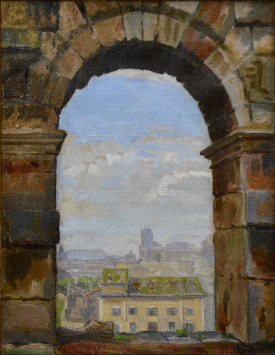 Marthe Carrier 1888-1974. "Vue de Rome à travers une arche du Colisée."-photo-3