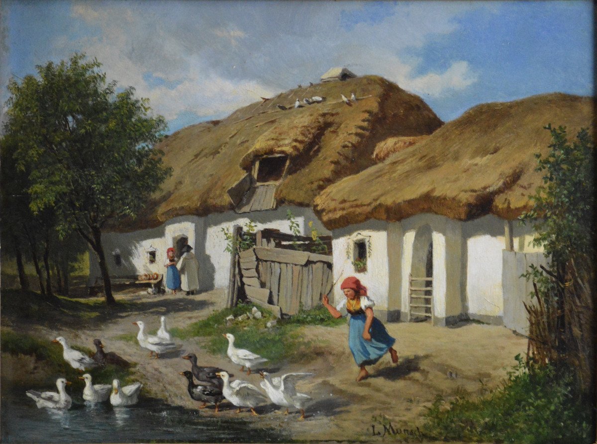 Leopold Munsch 1826-1888. Austrian School. "farmyard."-photo-3