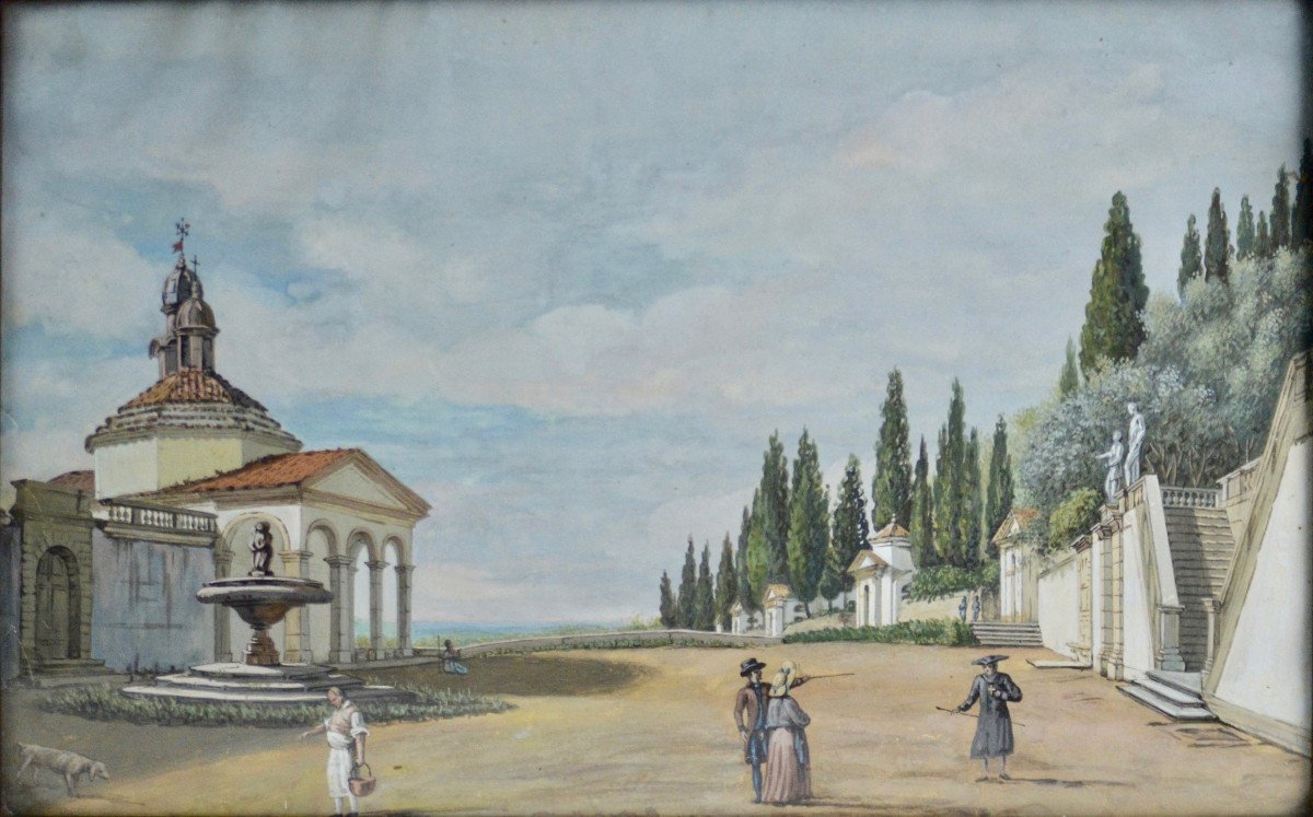 Italian School Early 19th Century. A Chapel In The Sacred Mountains Of Piedmont Or Lombardy.-photo-3