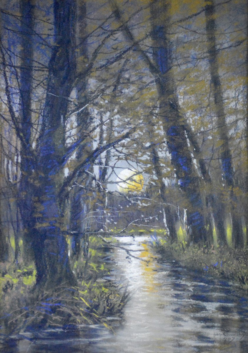 Ivan Kowalsky 1839-1937. École Russe. "Paysage au clair de Lune."-photo-3