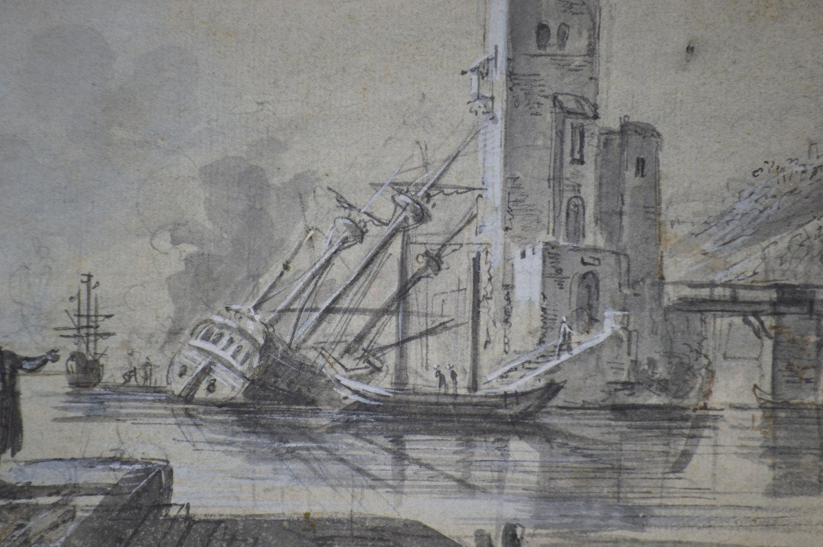 Jean-baptiste Lallemand 1716-1805. "view Of A Port."-photo-2