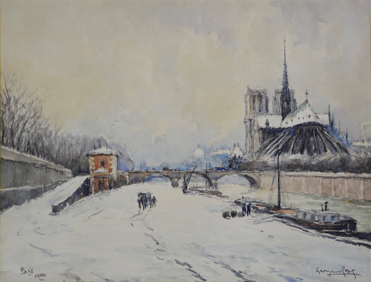 Georges Rose 1895-1951. "quai De La Tournelle And Notre-dame De Paris Under The Snow."-photo-3