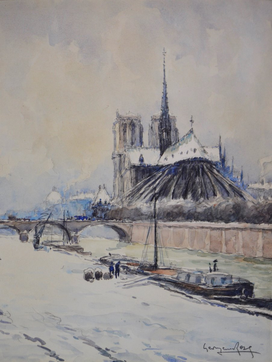 Georges Rose 1895-1951. "quai De La Tournelle And Notre-dame De Paris Under The Snow."-photo-3