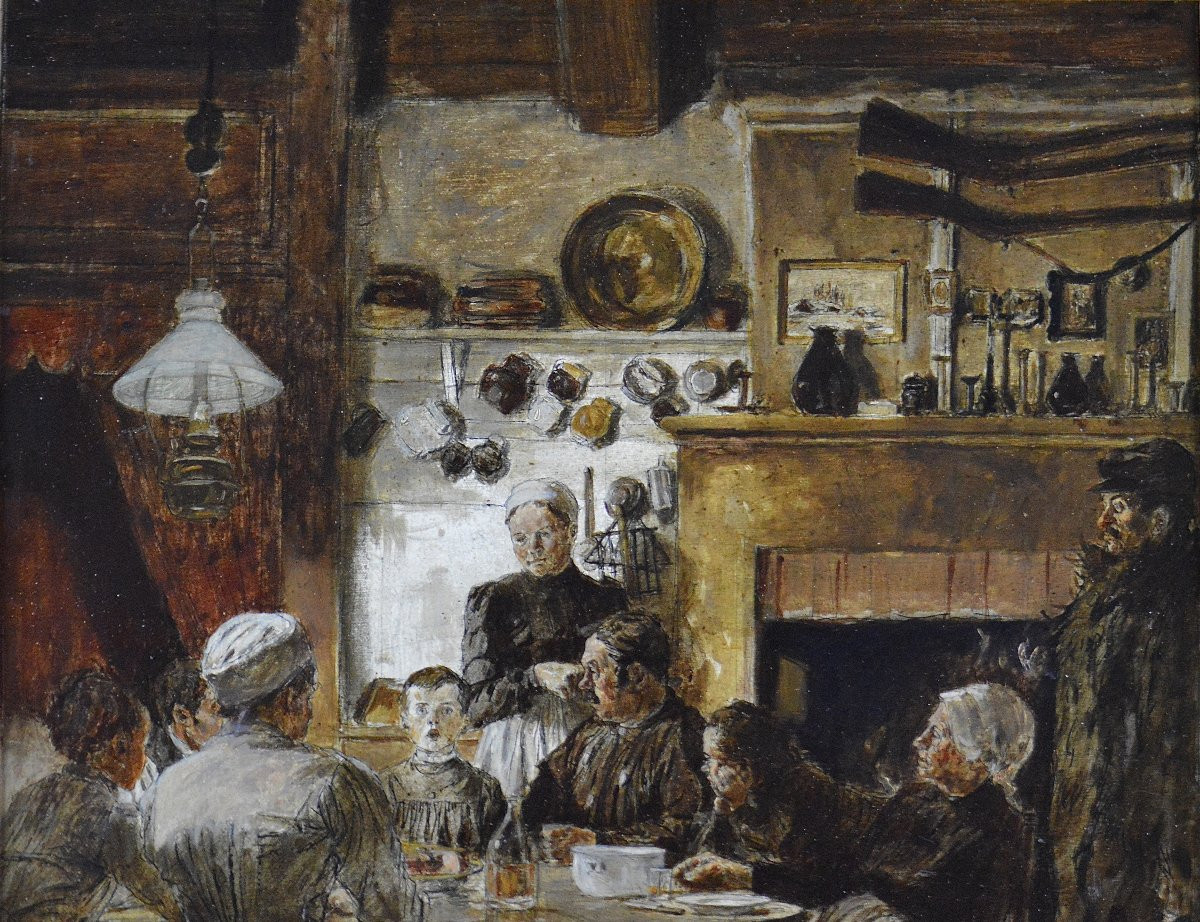 Hermann Vogel 1854-1918. École Allemande.  "Le repas a la ferme."-photo-2