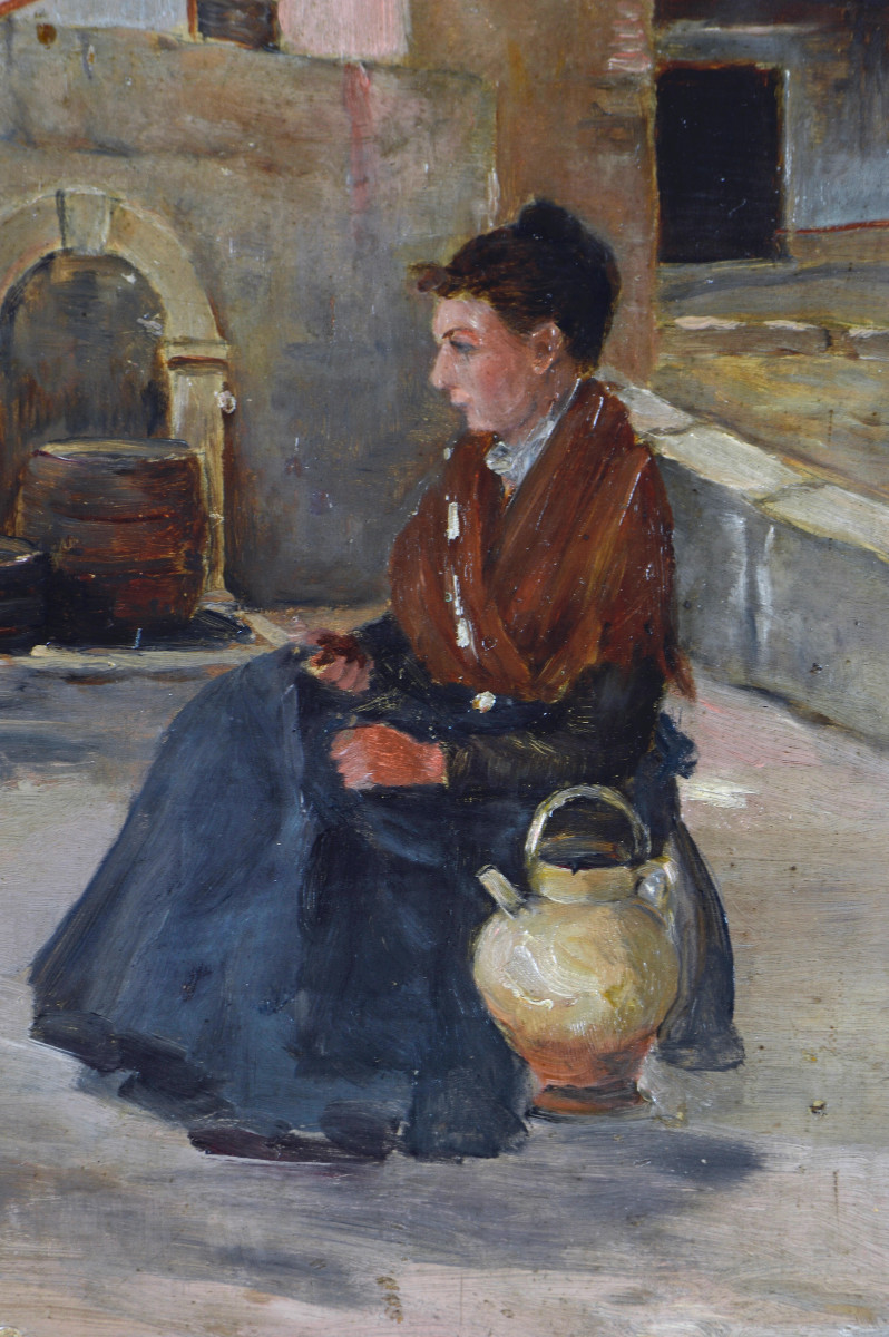 French School, 19th Century. "young Woman Seated Near A Fountain."-photo-2
