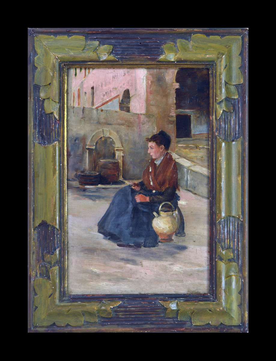 French School, 19th Century. "young Woman Seated Near A Fountain."