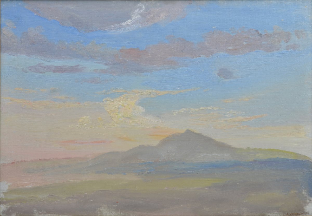 Alfons Petrus Verheyen 1903-1990. École Belge.  "Étude de paysage vallonné et ciel."-photo-3
