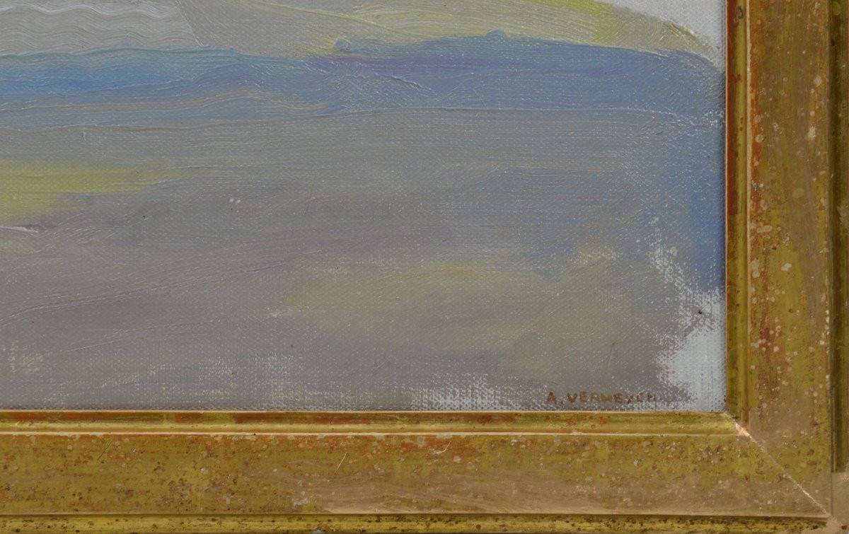 Alfons Petrus Verheyen 1903-1990. École Belge.  "Étude de paysage vallonné et ciel."-photo-4