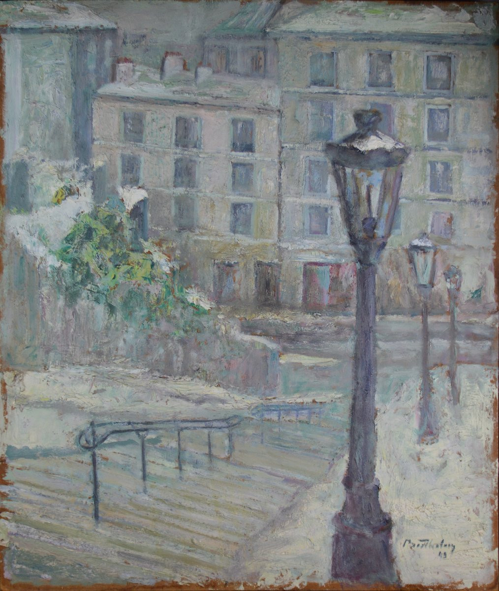 French School, 20th Century. "staircase In Montmartre Under The Snow."-photo-2