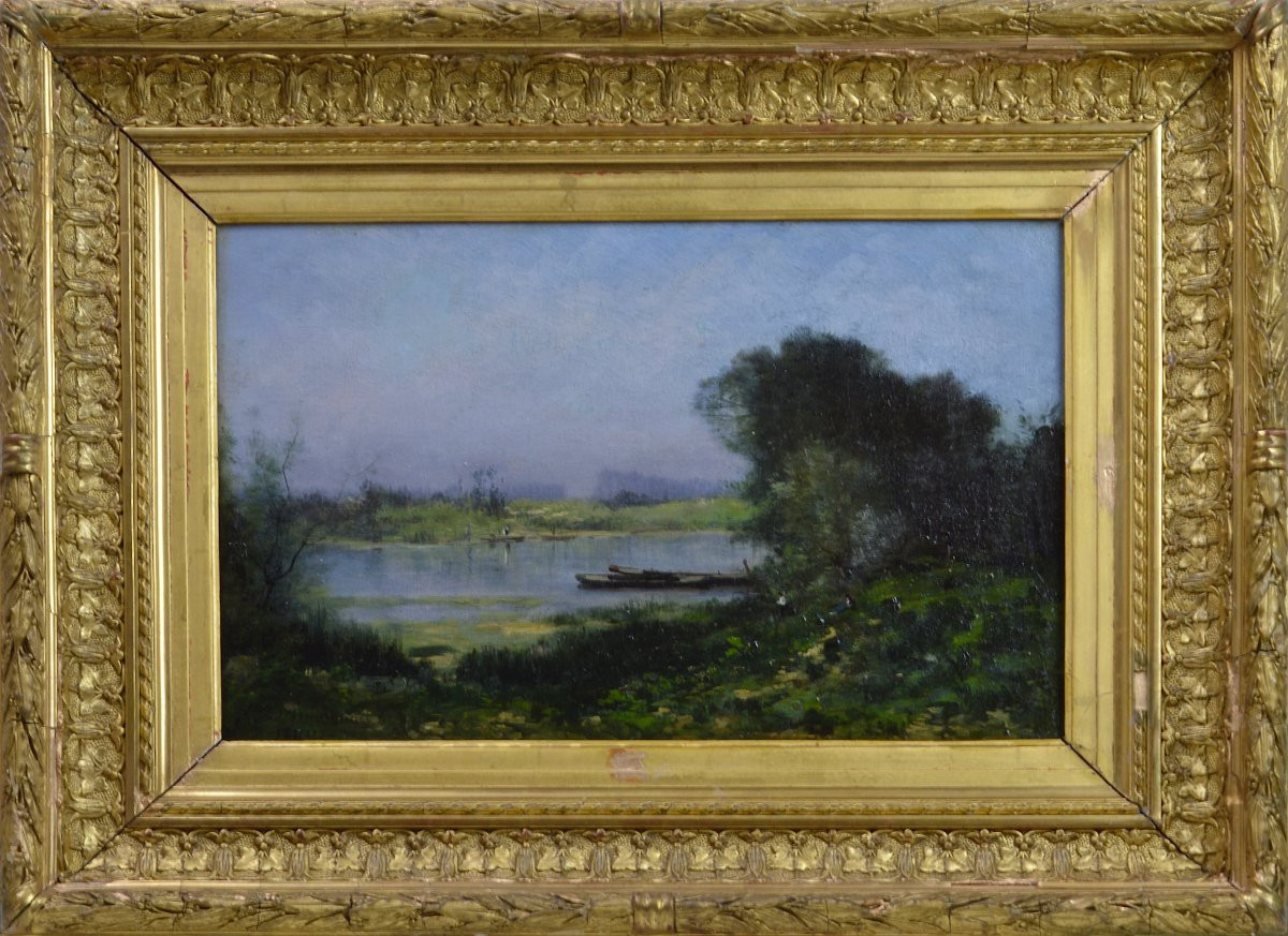 Charles Hippolyte Desmarquais 1823-1910. "Pêcheur en bord de rivière."-photo-2