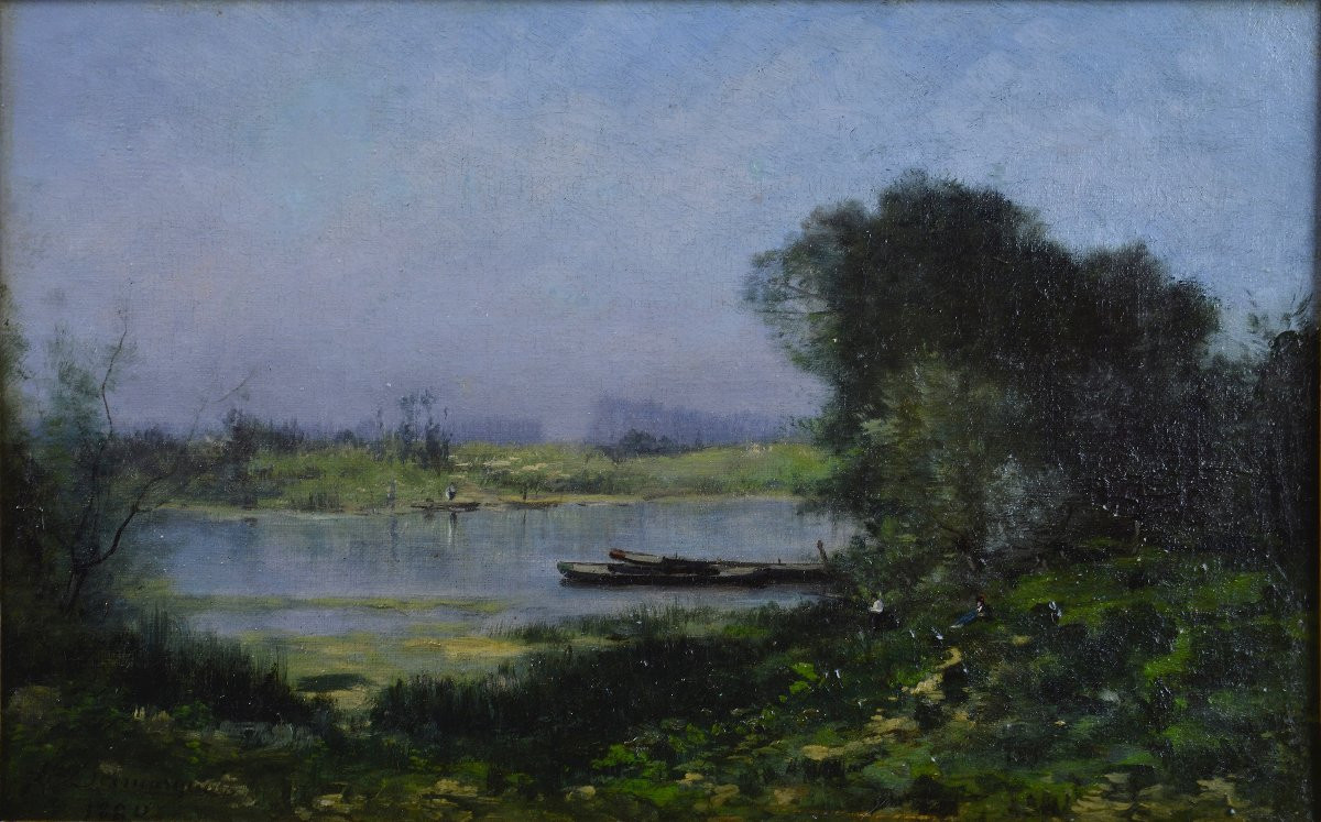 Charles Hippolyte Desmarquais 1823-1910. "Pêcheur en bord de rivière."-photo-3