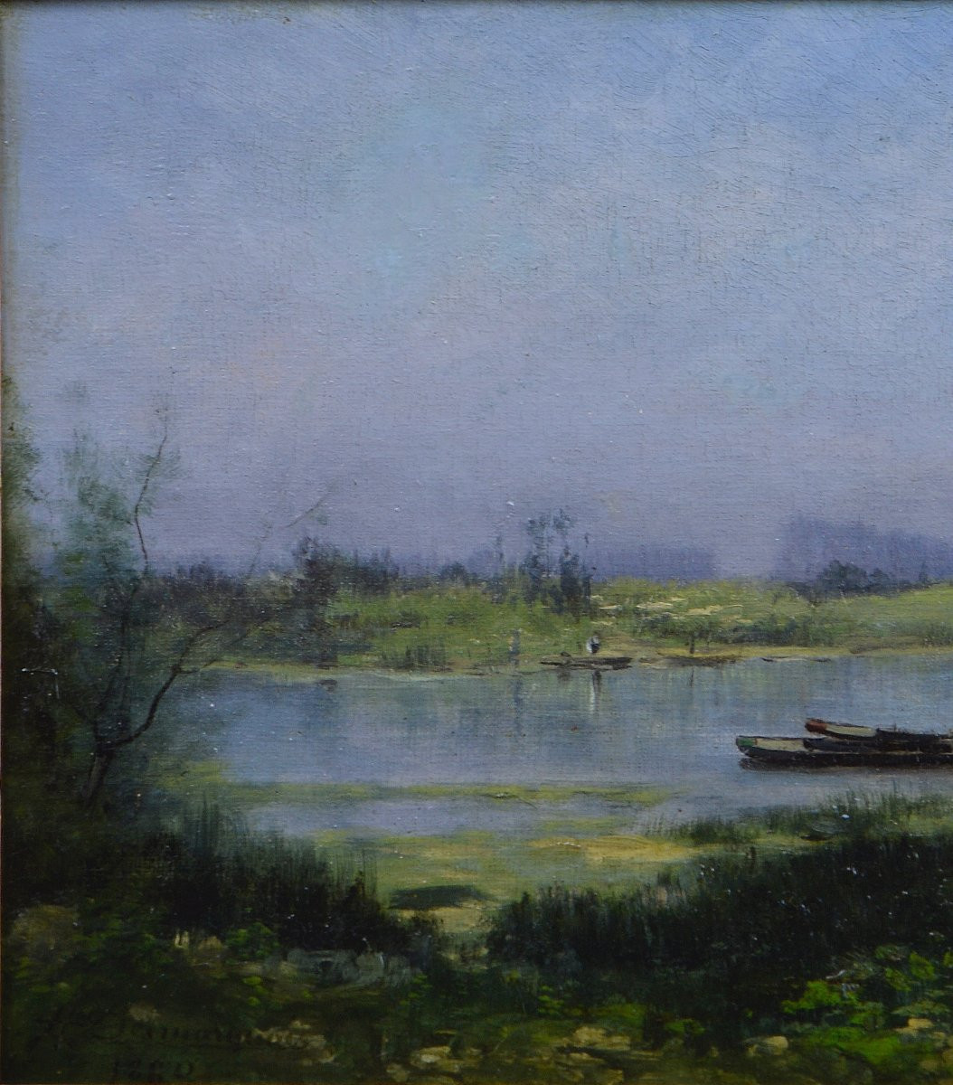 Charles Hippolyte Desmarquais 1823-1910. "Pêcheur en bord de rivière."-photo-1