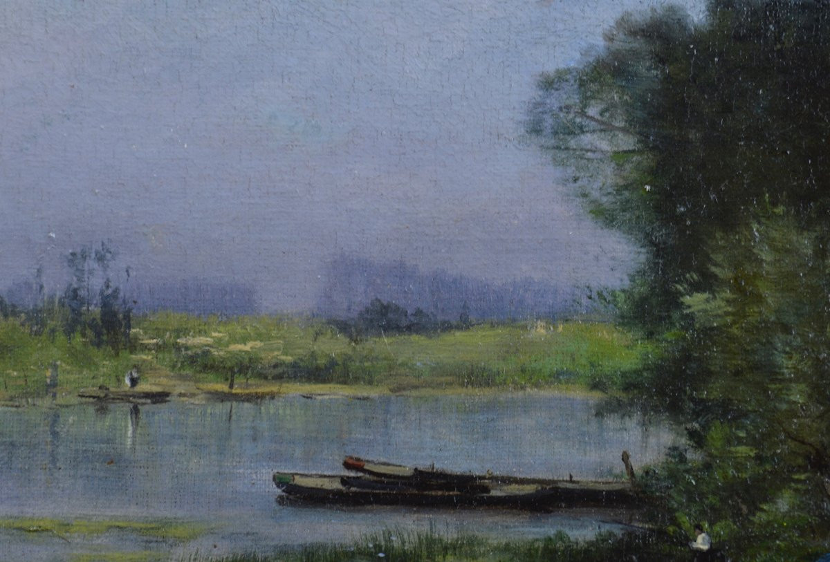 Charles Hippolyte Desmarquais 1823-1910. "Pêcheur en bord de rivière."-photo-3