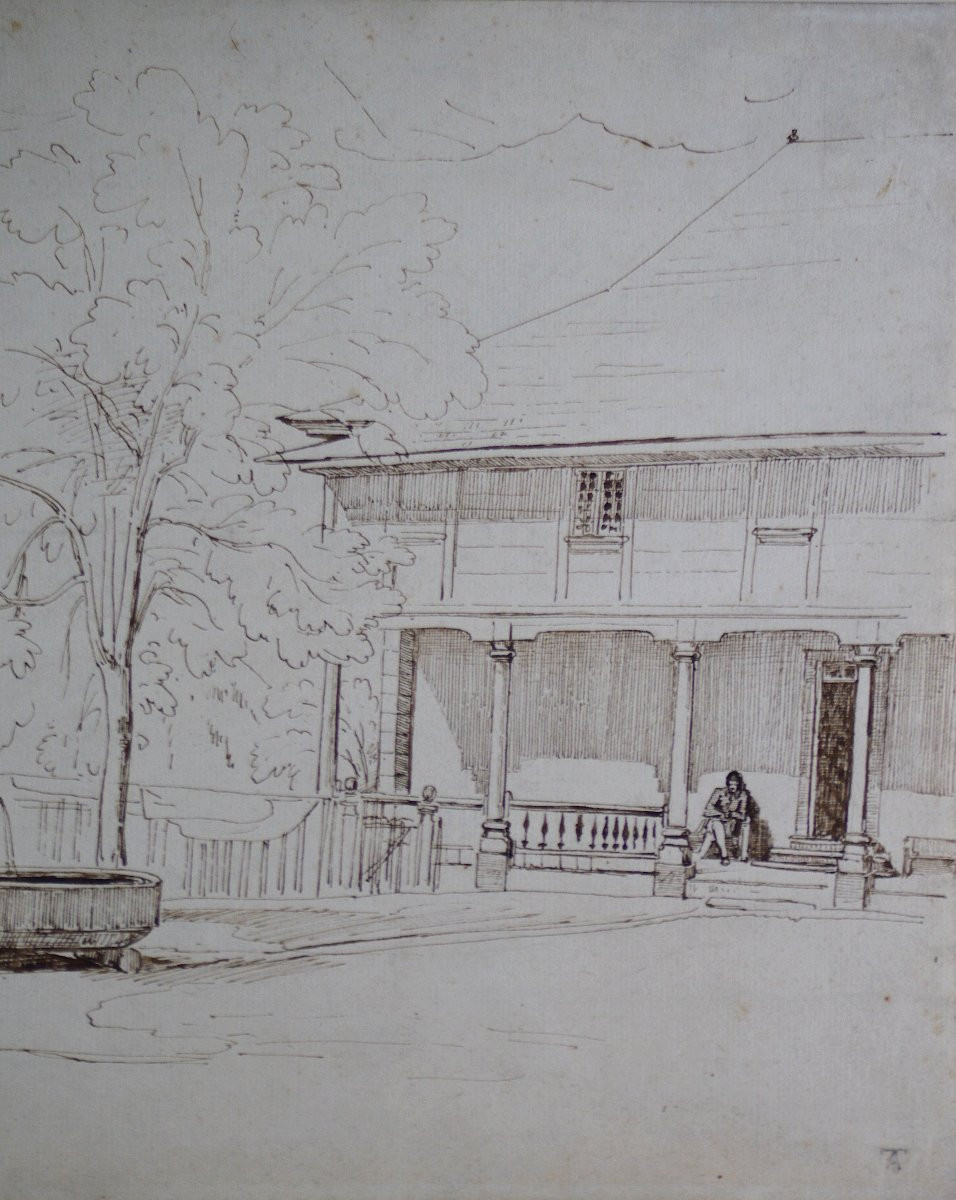 Théodore Caruelle d'Aligny 1798-1871. "Personnage devant une maison à Grindelwald."-photo-2
