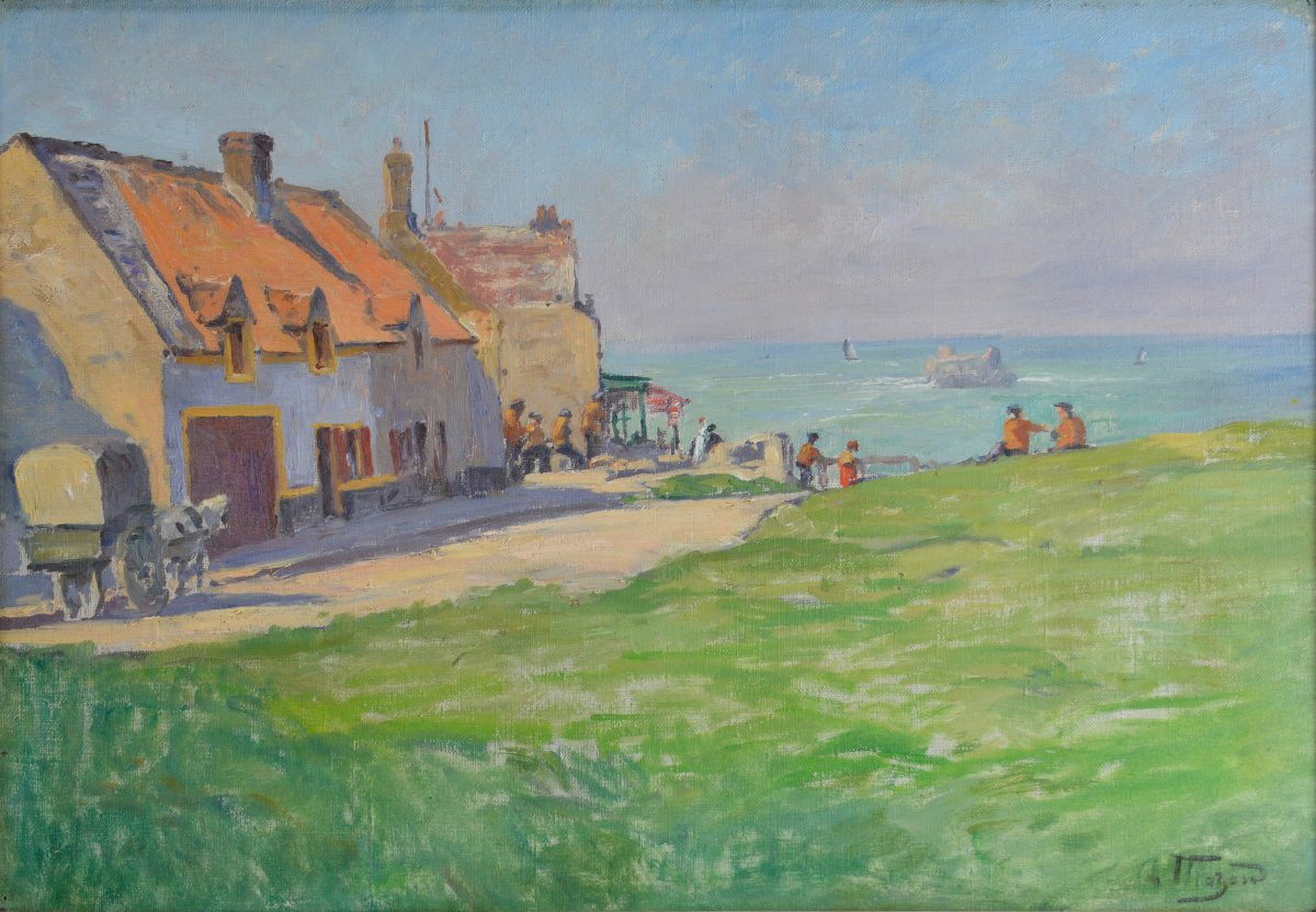 Alphonse Henri Mazard 1865-1939. "breton Village By The Sea."-photo-3