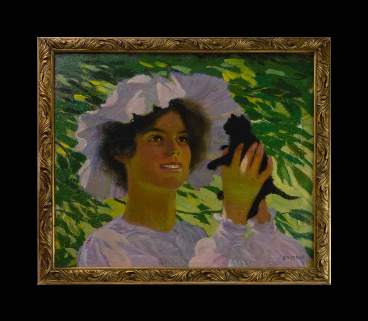 Johan Elis åslund 1872-1956. Swedish School. "young Woman Holding A Kitten."-photo-2