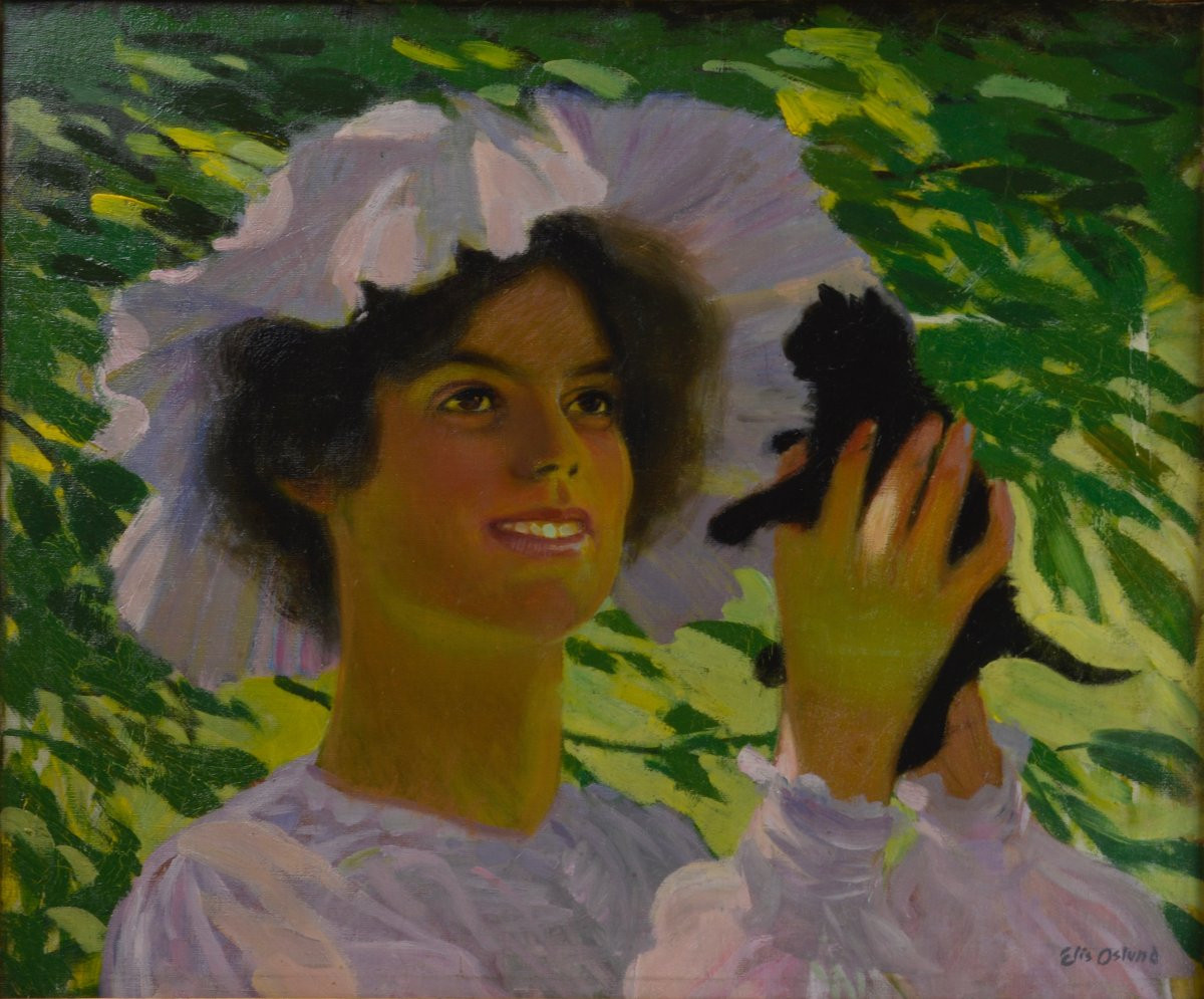 Johan Elis åslund 1872-1956. Swedish School. "young Woman Holding A Kitten."-photo-3